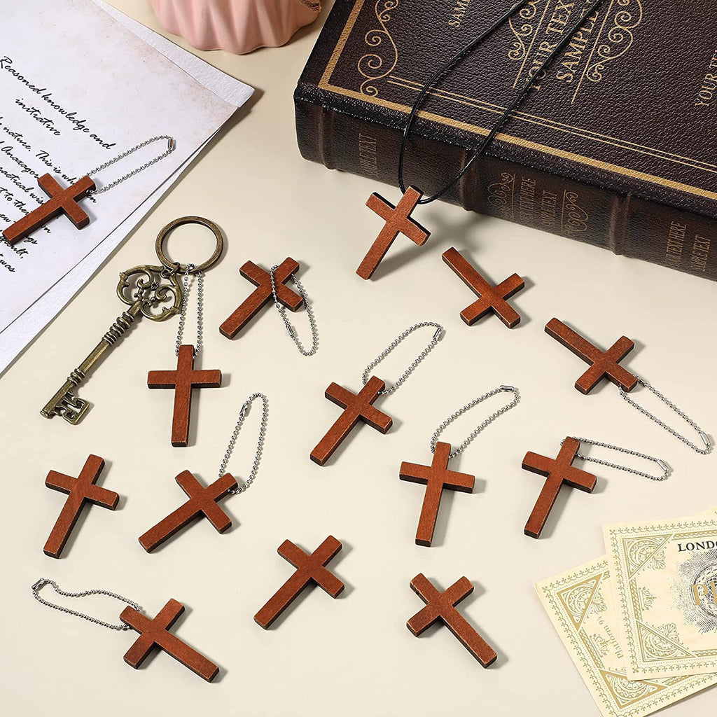 Wooden Cross Pendant Necklace Retro Geometric Sweater Chain