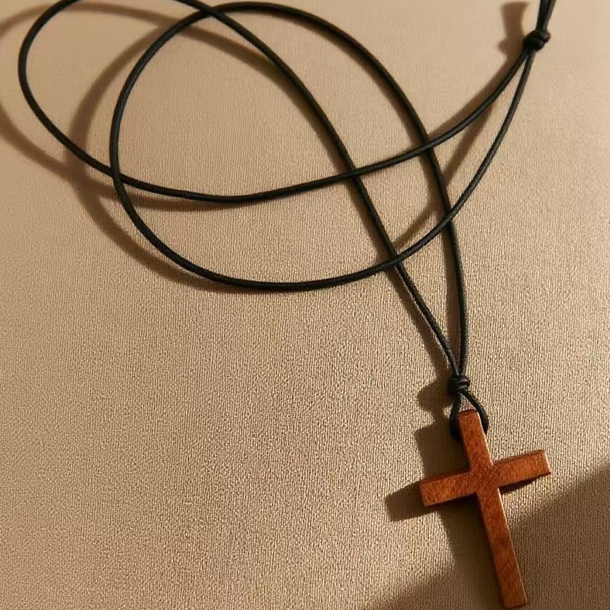 Wooden Cross Pendant Necklace Retro Geometric Sweater Chain