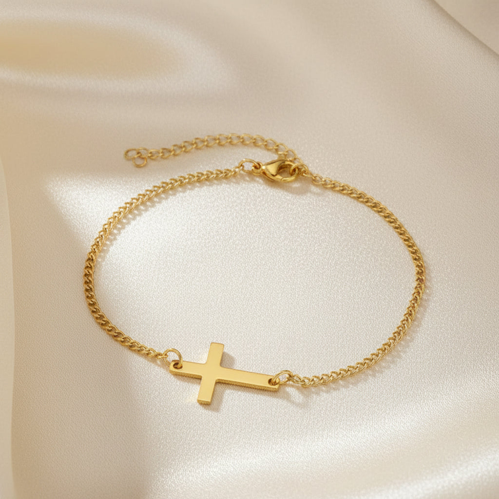 Stainless Steel 18K Gold Cross Pendant Bracelet Minimalist Religious Jewelry