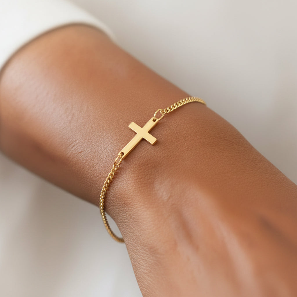 Stainless Steel 18K Gold Cross Pendant Bracelet Minimalist Religious Jewelry
