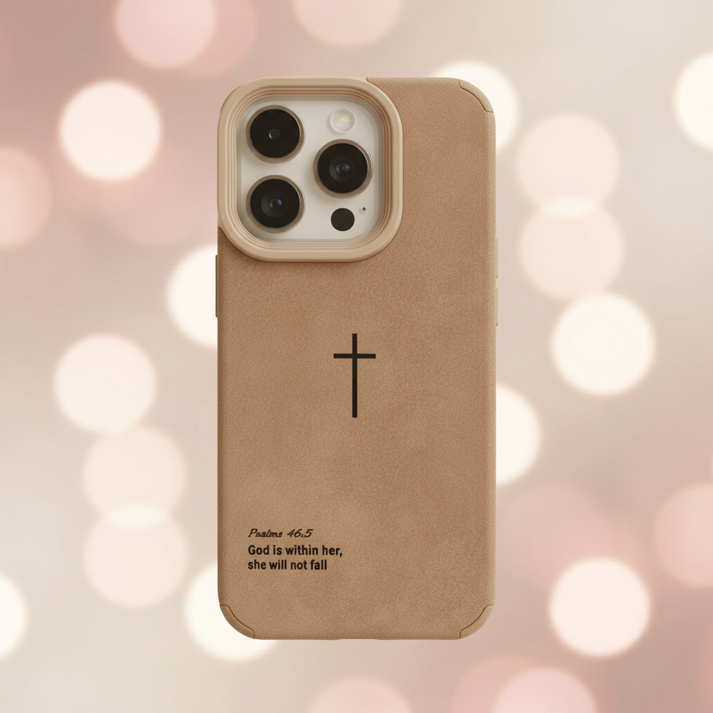 Brown phone case with a cross design and text held by a person.