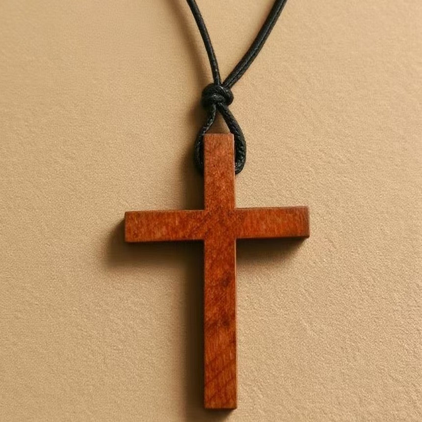 Wooden Cross Pendant Necklace Retro Geometric Sweater Chain
