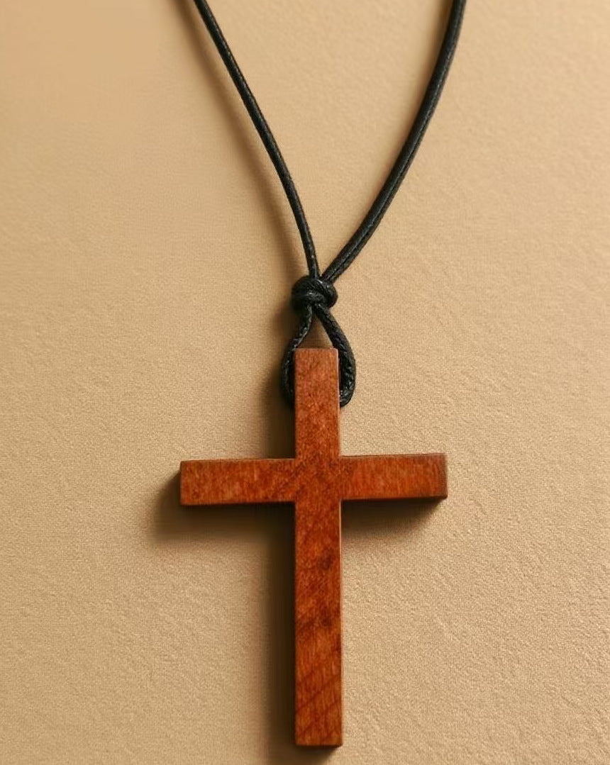 Wooden Cross Pendant Necklace Retro Geometric Sweater Chain